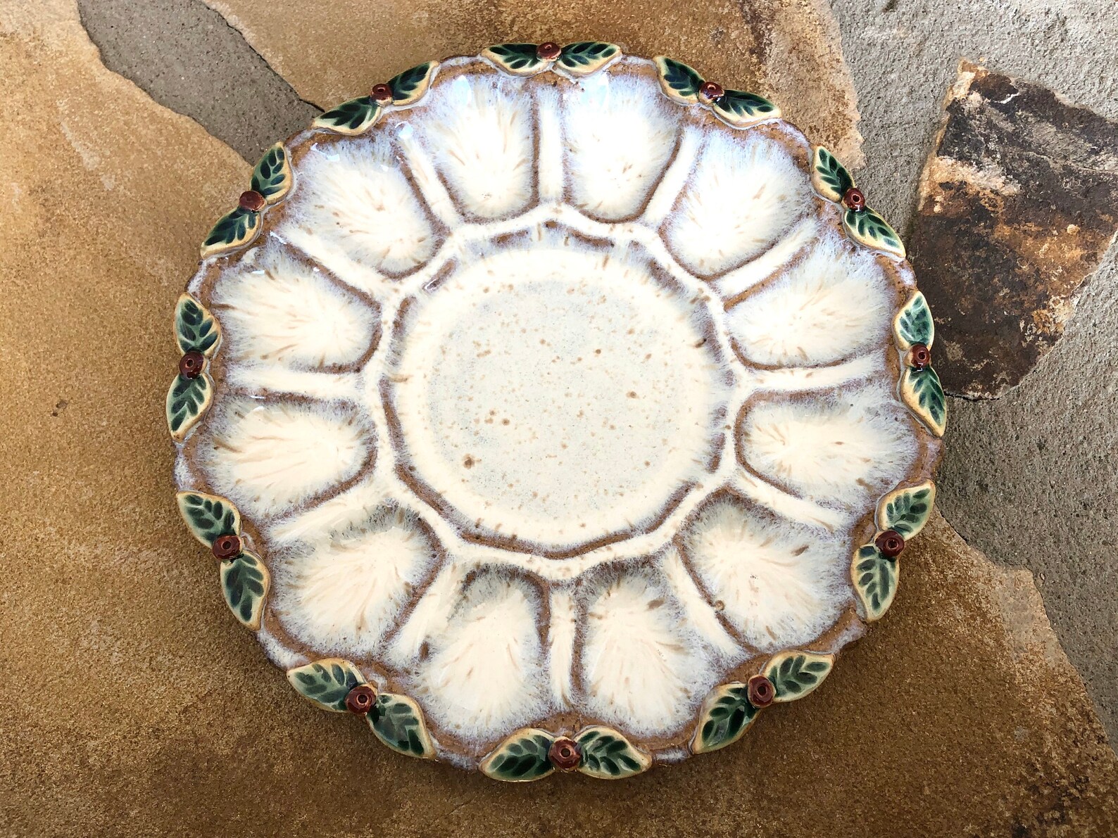 Small Deviled Egg Plate / Platter in Cream Red and Green Etsy