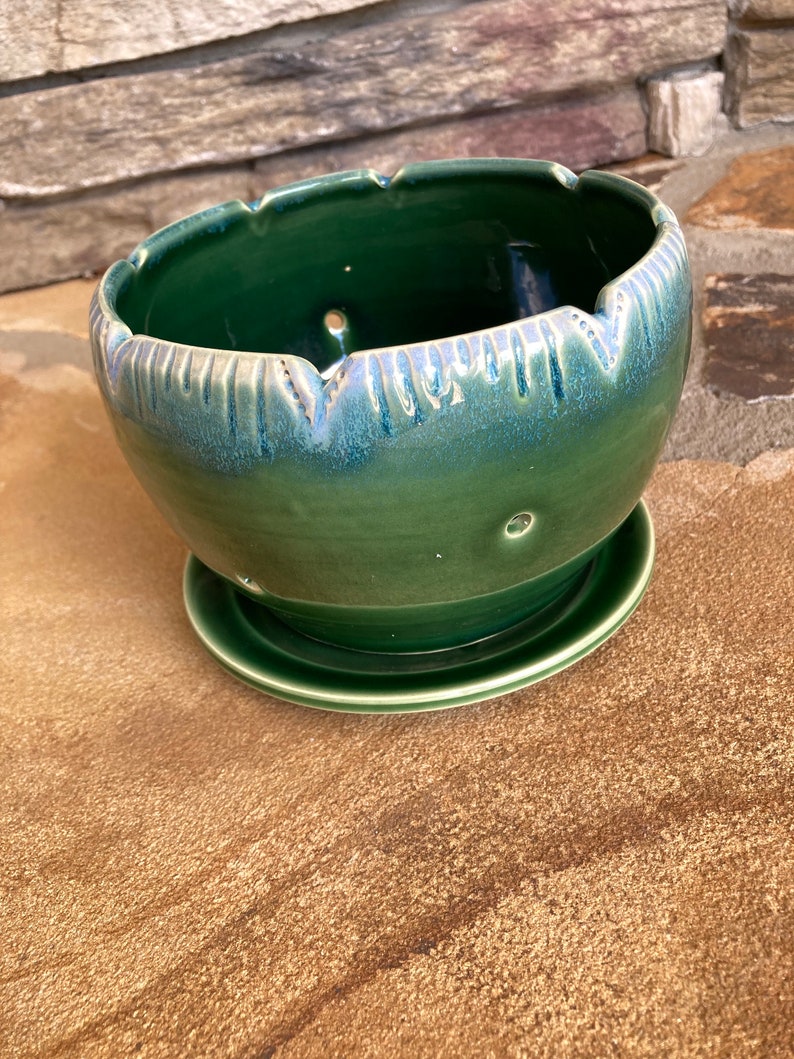 Berry Bowl in Green and Blue Ceramic Colander Stoneware Pottery image 1