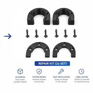 Op de afbeelding: Een zwart hoefijzervormig kunststof onderdeel gelabeld als origineel onderdeel, naast een reparatieset met vier hoefijzervormige stukken en zes zwarte schroeven. De tekst bevat Original Part, Repair Kit (2x Set), 3D Printed, Strong Repair, Easy Installation en Long Lasting.