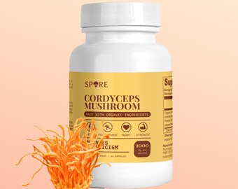 Organic Cordyceps Mushroom Capsules - 1000mg Vegan Supplement for Energy, Stamina, Heart, Immune Support | All Natural, Additive-Free