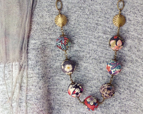 Liberty necklace, Boho necklace, Multicolor necklace, Textile beads, Textile jewelry, Mix prints necklace, Boho chic jewelry, Liberty prints