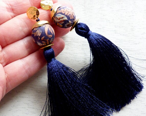 Tassel earrings,Elegant earrings,Long earrings,Silk tassel earrings,Luxurious earrings,Statement earrings,Blue earrings,Boho chic earrings