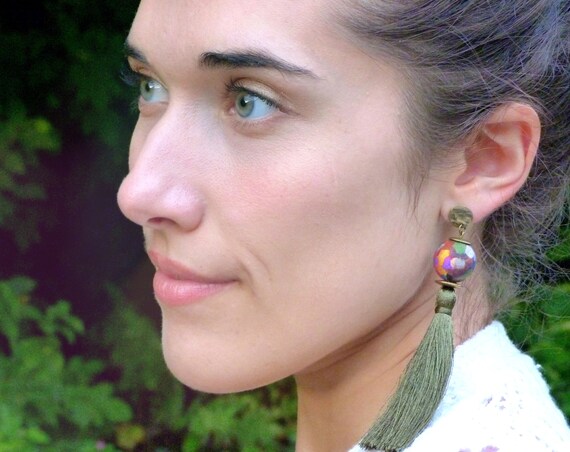 Tassel earrings, Long earrings, Silk tassel earrings, Luxurious earrings, Statement earrings, Boho chic earrings, Green earrings,