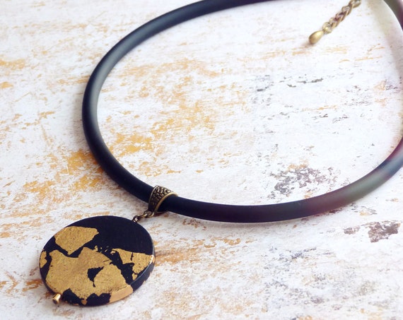 Hand painted necklace, Statement necklace, Black and gold necklace, Jewelry art, Short statement necklace, Black and gold jewelry, Boho chic