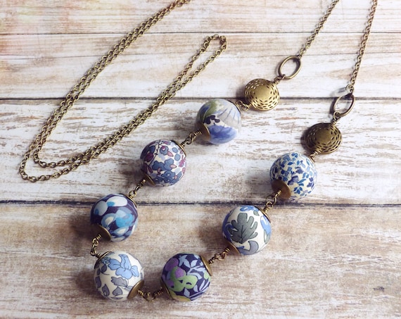 Liberty necklace, Boho necklace, Blue necklace, Textile beads, Textile jewelry, Blue jewelry, Boho chic jewelry, Liberty prints, Blue
