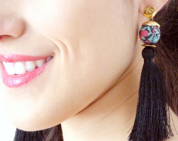 Tassel earrings,Black earrings,Long earrings,Silk tassel earrings,Luxurious earrings,Statement earrings,2018 jewelry,Boho chic earrings