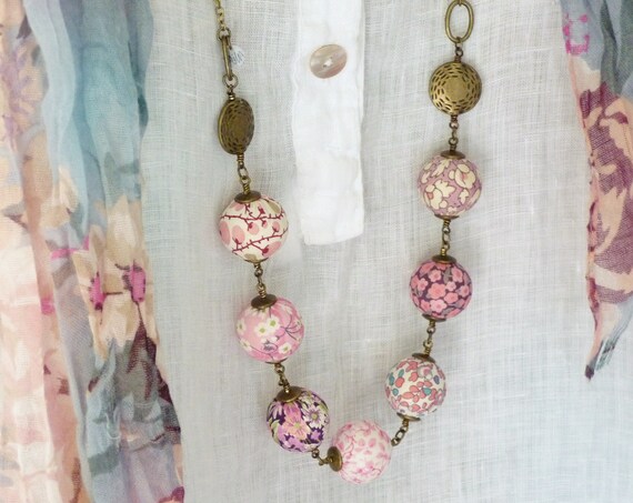 Liberty necklace, Boho necklace, Multicolor necklace, Textile beads, Textile jewelry, Mix prints necklace, Boho chic jewelry, Pink necklace