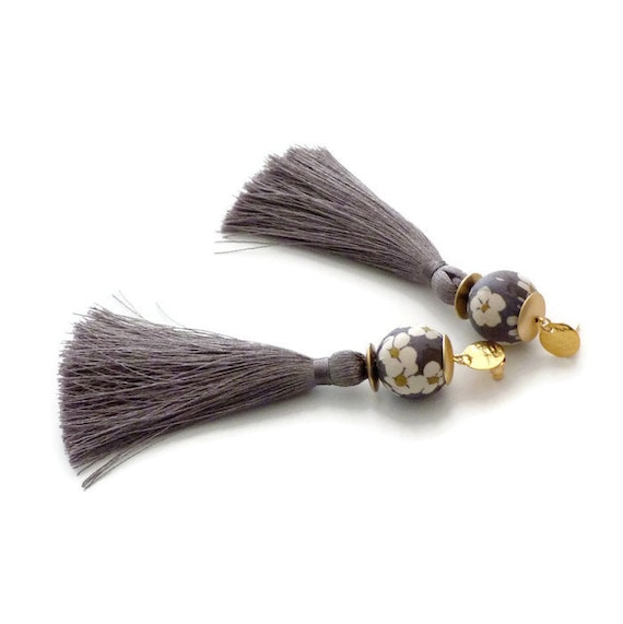 Tassel earrings, Long earrings, Silk earrings, Luxurious earrings, Grey earrings, Statement earrings, Boho chic earrings, Gray earrings