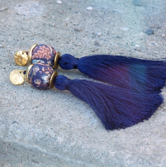 Tassel earrings,Elegant earrings,Long earrings,Silk tassel earrings,Luxurious earrings,Statement earrings,Blue earrings,Boho chic earrings