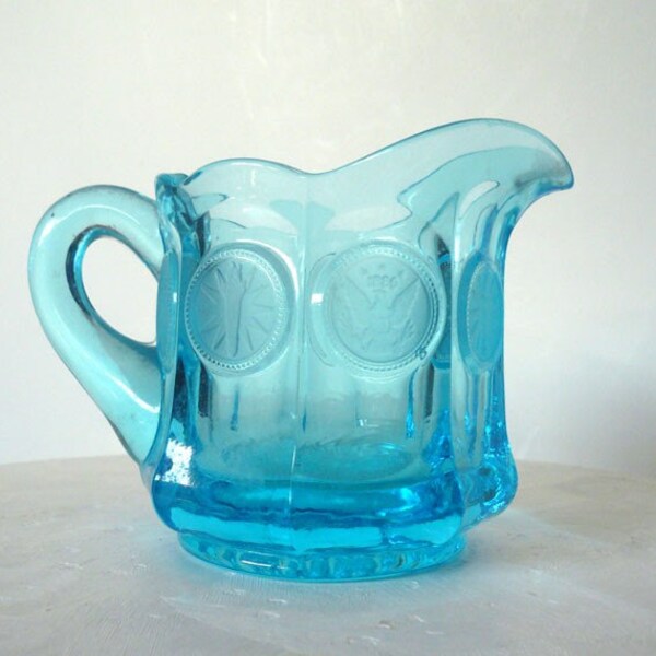 Vintage Glass Creamer Aqua Blue Creamer  Fostoria Creamer Coin Glass Creamer