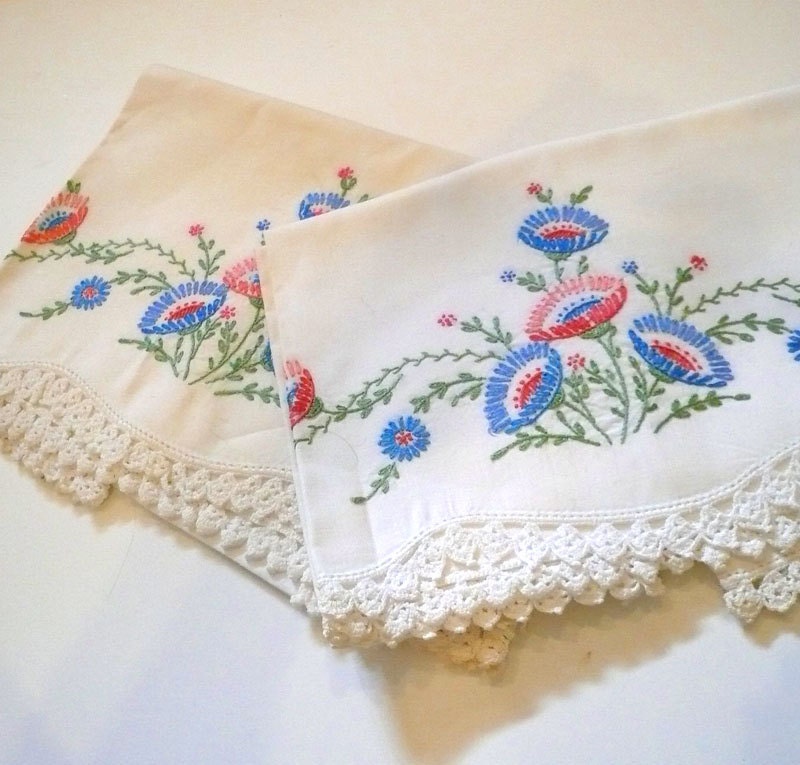 Vintage Hand Embroider Pillowcases Floral Vines Etsy