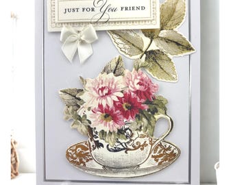 Handmade Teacup Roses Card, Silver Foil Border, Just For You Friend