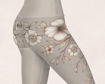 Floral High Waisted Yoga Leggings Women Beige Athleisure Activewear Boho Workout Pants Gift for Her Floral High Waisted Yoga