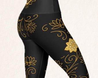 Black Gold Leggings Women Lotus Mandala Yoga Pants Elegant High Waisted Luxury Spiritual Activewear Sophisticated Meditation Workout Gift