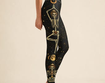 Skeleton Yoga Pants, Halloween Leggings for Women, Witchy Leggings, Gothic Yoga Pants, Celestial Moon Phase Leggings, Spooky Workout Pants