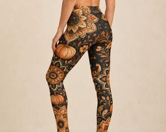 Jesienne legginsy dla kobiet, strój z dyniowym wzorem, jesienna odzież sportowa, legginsy Botanical Moon, przytulny jesienny styl, strój na Święto Dziękczynienia