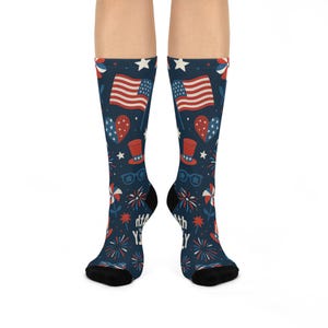 Patriotic Cushioned Crew Socks - Fourth of July Celebration, USA Theme, Comfy Everyday Wear, Fun Gift for Friends, Vibrant Sock Design