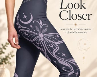 Leggings Luna Moth, Leggings Witchy, Ropa Whimsigoth, Pantalones de Yoga Celestiales, Pantalones Góticos Moth para Mujer