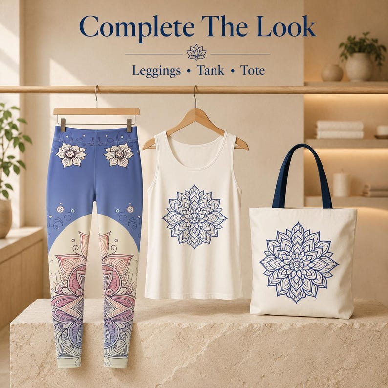 Azure Flow collection leggings tank top tote bag wellness activewear yoga apparel women pilates outfit mindful lifestyle wellness gift for women