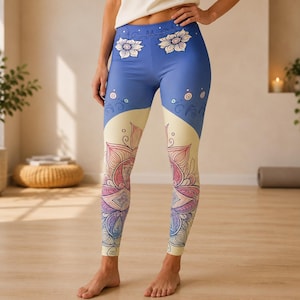Azure Flow Leggings Brushed Suede Mid Rise Yoga Pants Aqua Blue Sacred Geometry Floral Print Soft Stretchy Activewear Women Casual Gift