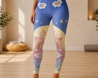 Azure Flow Leggings Brushed Suede Mid Rise Yoga Pants Aqua Blue Sacred Geometry Floral Print Soft Stretchy Activewear Women Casual Gift
