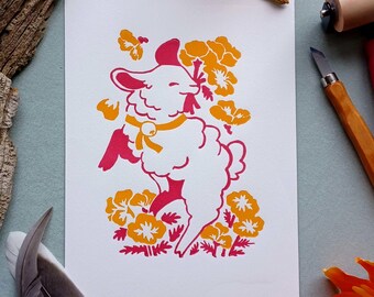 Prancing Lamb Linocut Print - Original Handmade Artwork
