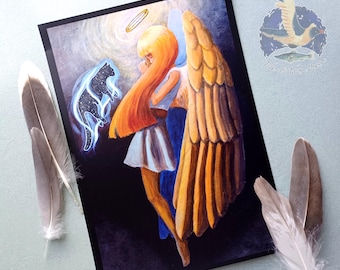Welcome Home - Angel and Cat - Traditional Acrylic Painting - A4 Matte Print