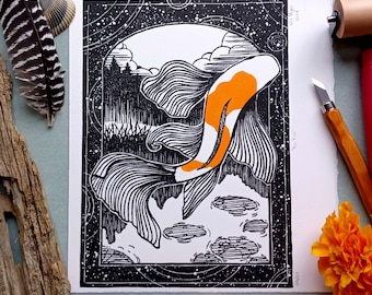 Butterfly Koi Fish of the Lake - Handmade Original Linocut Print