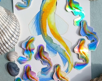 Sunset Koi Fish Watercolor Holographic Sticker - Waterproof and Weatherproof