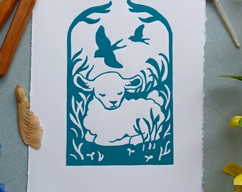 Lamb & Swallows Linocut Print - Original Handmade Artwork