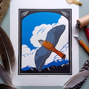 Soaring Kestrel Linocut Print - Handmade Original Linocut Print