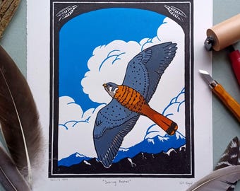 Soaring Kestrel Linocut Print - Original Handmade Bird Art