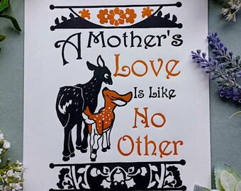 A Mother's Love - Deer and Fawn - Original Handmade Linocut Print