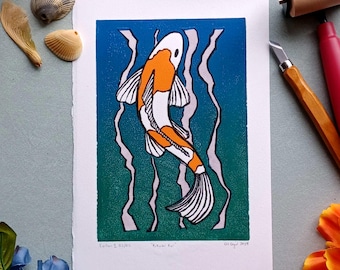 Kikusui Koi Fish Linocut Print – Handmade Japanese Art