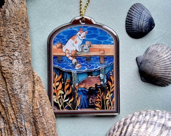 Meowster Angler - Ciondolo Shaker in acrilico a forma di gatto che pesca