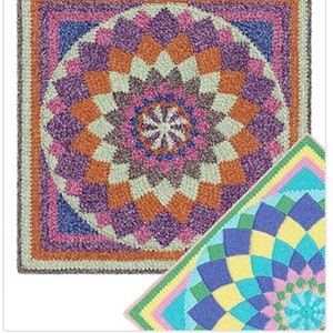 Puede incluir: Un patrón de crochet para una manta gigante Dahlia Entrelac. El patrón presenta un diseño geométrico colorido con un motivo circular en el centro.