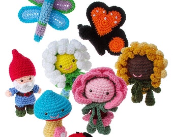 May include: A set of crocheted garden-themed toys, including a ladybug, a mushroom, a flower, a sunflower, a butterfly, a dragonfly, and a gnome.