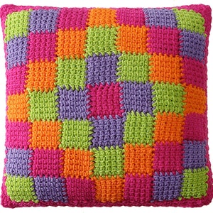 May include: A square crocheted pillow with a colorful patchwork design. The pillow is made of squares in pink, purple, green, and orange.