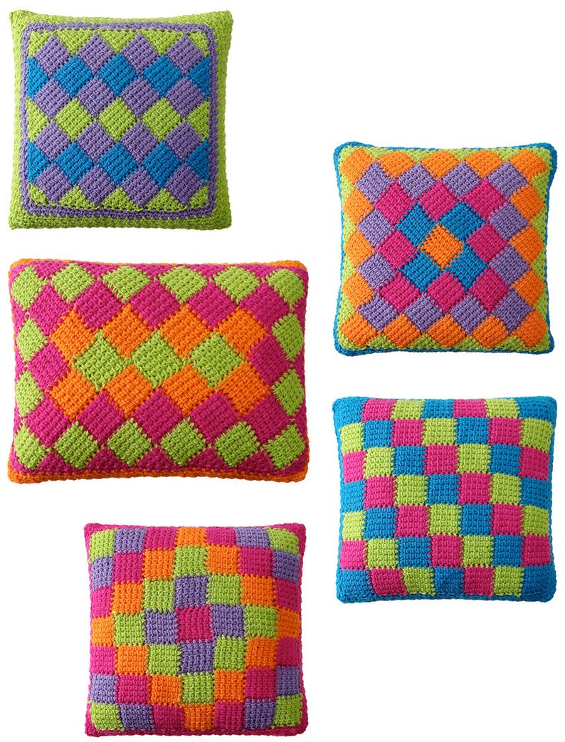 Easy Entrelac Tunisian Crochet Pillows pdf Pattern image 1