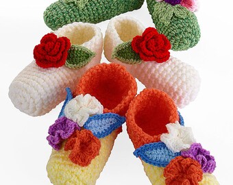 Crochet Posy Toes Slippers house shoes flower leaves pattern pdf