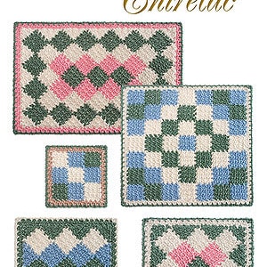May include: How to make single crochet entrelac crochet pattern.  Four different crochet squares in green, pink, blue and white.