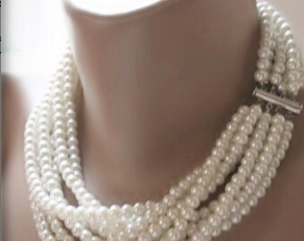 Chunky Pearl Camille Bridal Choker, Multi Layer Pearl Necklace, Ivory Pearl Necklace, Cluster Necklace, Magnetic Clasp, Art Deco