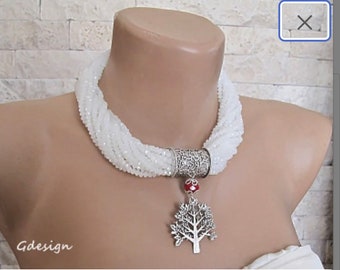 Crystal Chunky Necklace, Multilayer Choker,Bridal Jewelry , Frosted Bead, Metal Tree Of Life