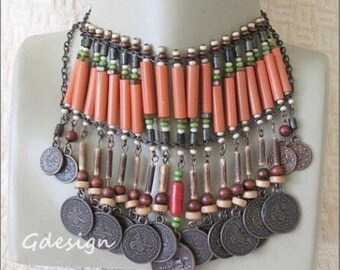 Authentic  necklace, Tribal pendant, Ethnic necklace, Wooden Bead  Necklace , Wooden Beads, Coin