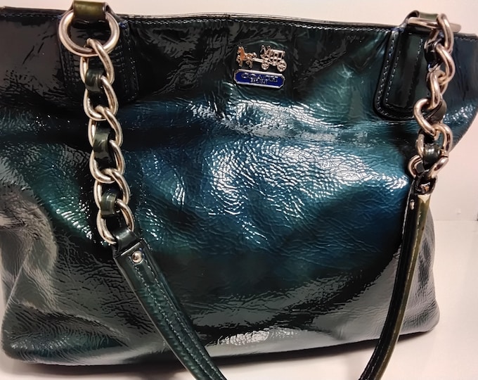 Featured listing image: Coach EUC "Madison" iridescent blue/green patent leather tote bag.