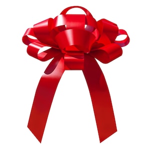 May include: A vibrant red decorative bow with a looped top and long, flowing ribbons. The bow is made of a shiny, satin-like material, perfect for gift wrapping or festive decorations. The bright red color makes it stand out.