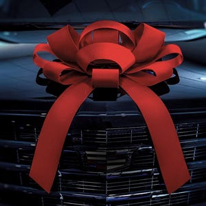 Puede incluir: Un gran lazo rojo brillante adorna el capó de un vehículo negro. El lazo, hecho de una cinta ancha y aterciopelada, está centrado en el capó, con largas cintas que caen hacia el frente.