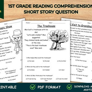 May include: A printable worksheet for first grade students featuring three short stories with comprehension questions. The stories are about a magic show, building a treehouse, and a visit to a farm. Each story has a black and white illustration.