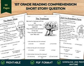 May include: A printable worksheet for first grade students featuring three short stories with comprehension questions. The stories are about a magic show, building a treehouse, and a visit to a farm. Each story has a black and white illustration.
