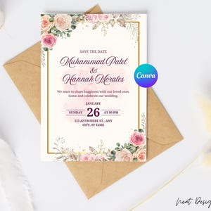 Modern Bloom Invitation | Pink Rose Wedding Invite | Editable Template for Canva